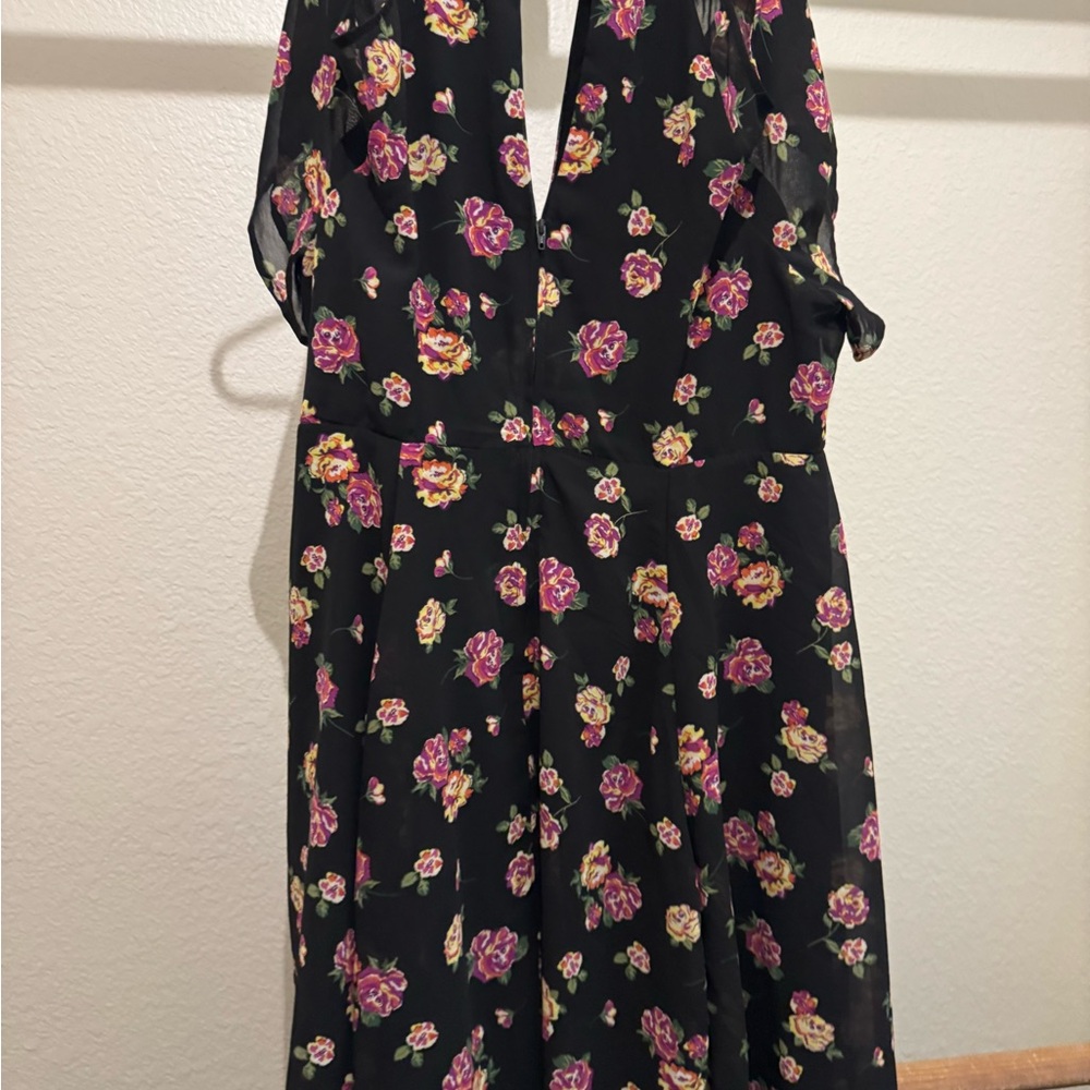 torrid Black Floral Midi Dress with Pink and Yellow Roses
